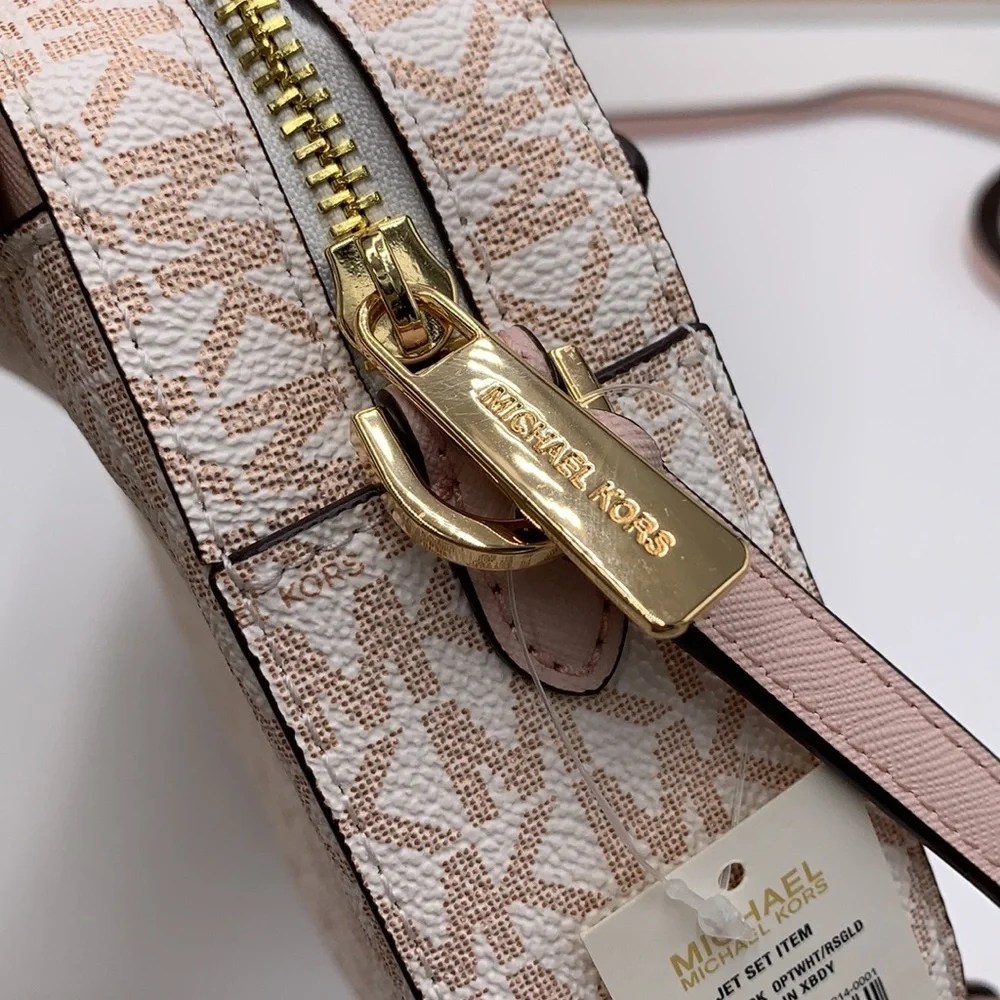 MICHAEL KORS LARGE EAST WEST ZIP CHAIN XBODY OPTIC WHITE ROSE GOLD COLOR
